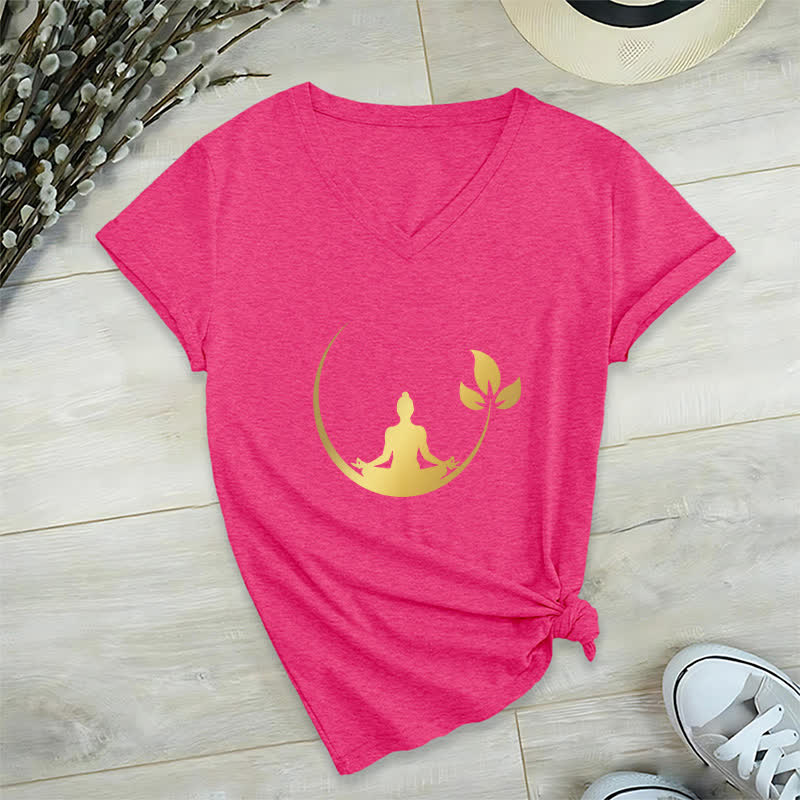Olivenorma Yoga Lotus Buddha Meditation V-Neck T-Shirt - Rose Red - 2XL - image 21