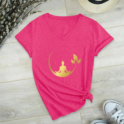 Olivenorma Yoga Lotus Buddha Meditation V-Neck T-Shirt - Rose Red - 2XL - image 21