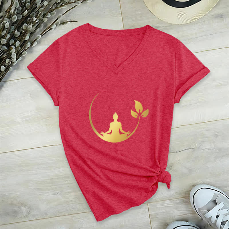 Olivenorma Yoga Lotus Buddha Meditation V-Neck T-Shirt - Red - 2XL - image 17
