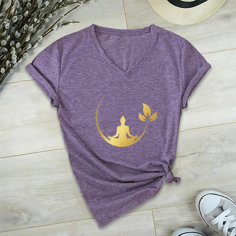 Olivenorma Yoga Lotus Buddha Meditation V-Neck T-Shirt - Purple - 2XL - image 27