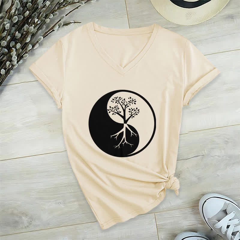 Olivenorma Yin Yang Tree Yoga Meditation V-Neck T-Shirt - Khaki - 2XL - image 22