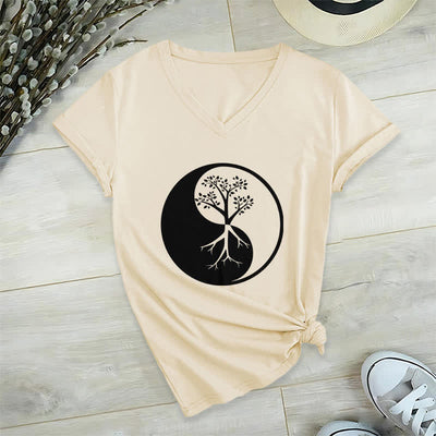 Olivenorma Yin Yang Tree Yoga Meditation V-Neck T-Shirt - Khaki - 2XL - image 22