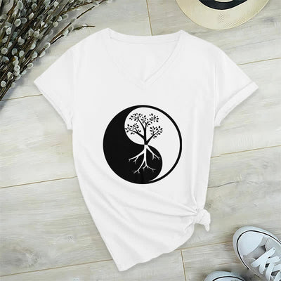 Olivenorma Yin Yang Tree Yoga Meditation V-Neck T-Shirt - White - 2XL - image 4