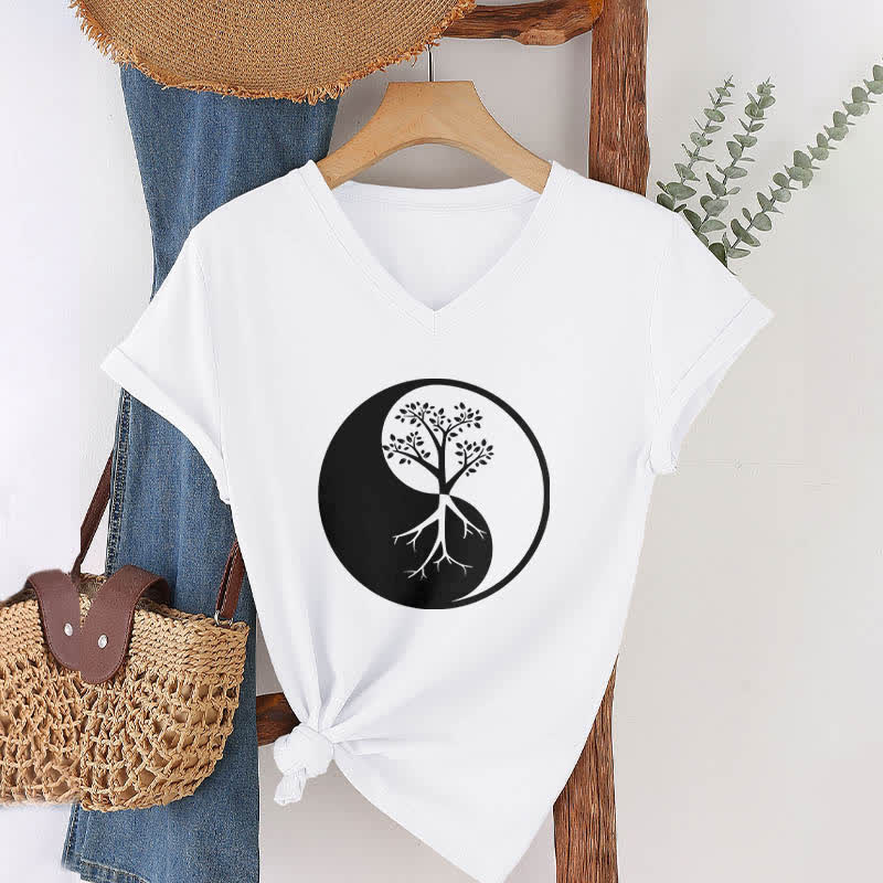Olivenorma Yin Yang Tree Yoga Meditation V-Neck T-Shirt - image 5