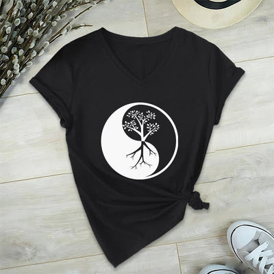 Olivenorma Yin Yang Tree Yoga Meditation V-Neck T-Shirt - Black - 2XL - image 12