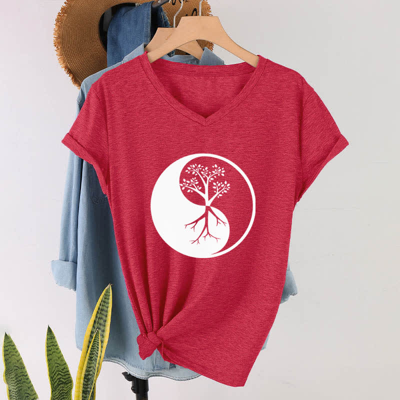 Olivenorma Yin Yang Tree Yoga Meditation V-Neck T-Shirt - image 15