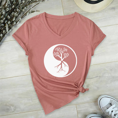 Olivenorma Yin Yang Tree Yoga Meditation V-Neck T-Shirt - Pink - 2XL - image 18