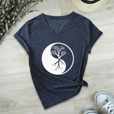 Olivenorma Yin Yang Tree Yoga Meditation V-Neck T-Shirt - Navy Blue - 2XL - image 6