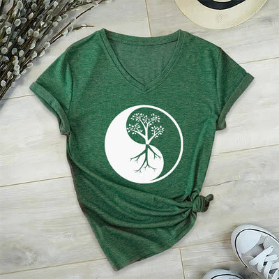 Olivenorma Yin Yang Tree Yoga Meditation V-Neck T-Shirt - Dark Green - 2XL - image 8