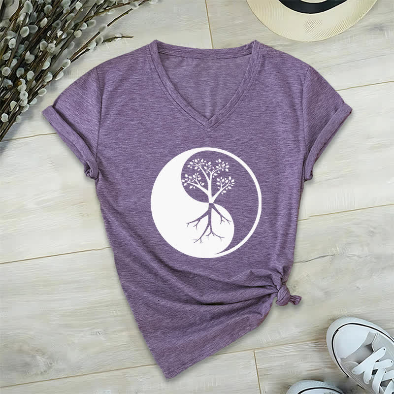 Olivenorma Yin Yang Tree Yoga Meditation V-Neck T-Shirt - Purple - 2XL - image 26