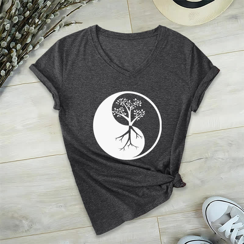 Olivenorma Yin Yang Tree Yoga Meditation V-Neck T-Shirt - Gray - 2XL - image 1