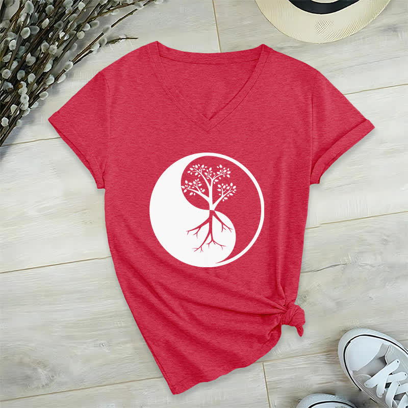 Olivenorma Yin Yang Tree Yoga Meditation V-Neck T-Shirt - Red - 2XL - image 14