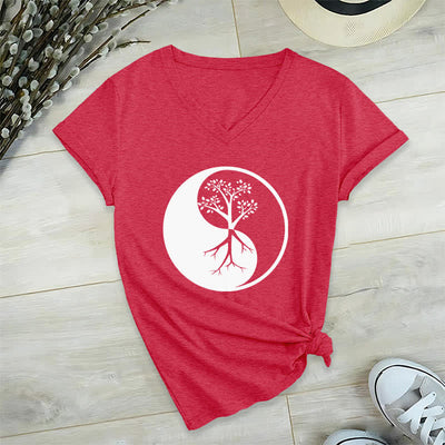 Olivenorma Yin Yang Tree Yoga Meditation V-Neck T-Shirt - Red - 2XL - image 14