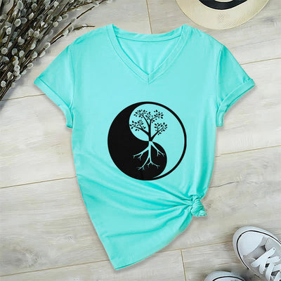 Olivenorma Yin Yang Tree Yoga Meditation V-Neck T-Shirt - Lake Blue - 2XL - image 24