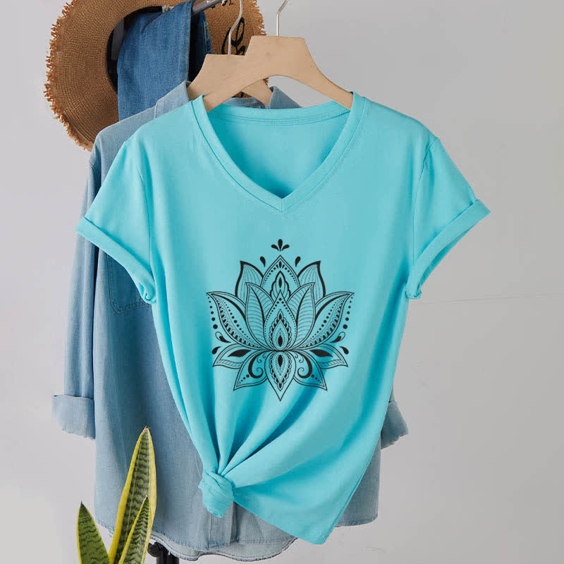 Olivenorma Mandala Lotus Flower V-Neck T-Shirt - Lake Blue - 2XL - image 24
