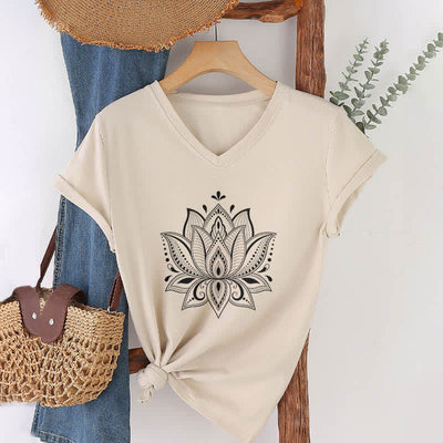 Olivenorma Mandala Lotus Flower V-Neck T-Shirt - Khaki - 2XL - image 1