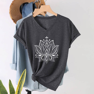 Olivenorma Mandala Lotus Flower V-Neck T-Shirt - Gray - 2XL - image 12