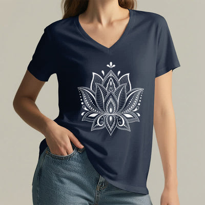 Olivenorma Mandala Lotus Flower V-Neck T-Shirt - image 7