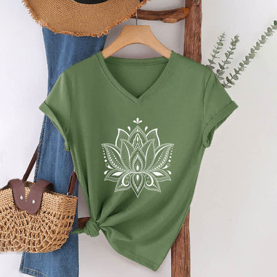 Olivenorma Mandala Lotus Flower V-Neck T-Shirt - Olive Green - 2XL - image 10