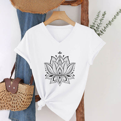 Olivenorma Mandala Lotus Flower V-Neck T-Shirt - White - 2XL - image 4