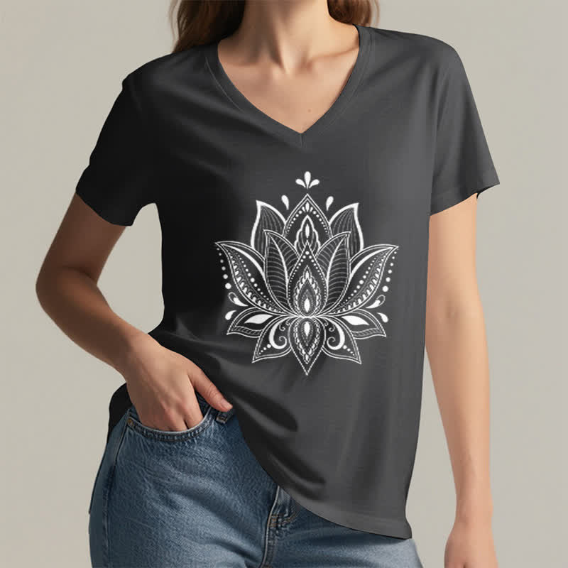 Olivenorma Mandala Lotus Flower V-Neck T-Shirt - image 13