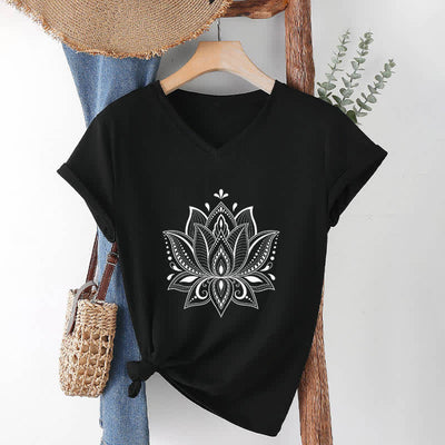 Olivenorma Mandala Lotus Flower V-Neck T-Shirt - Black - 2XL - image 14