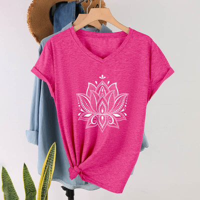 Olivenorma Mandala Lotus Flower V-Neck T-Shirt - Rose Red - 2XL - image 22