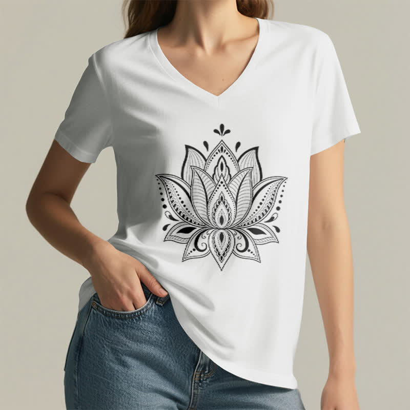 Olivenorma Mandala Lotus Flower V-Neck T-Shirt - image 5