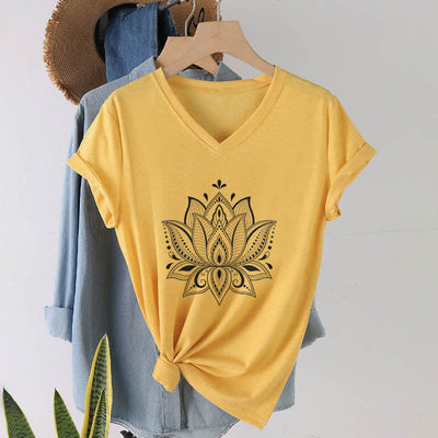 Olivenorma Mandala Lotus Flower V-Neck T-Shirt - Yellow - 2XL - image 18