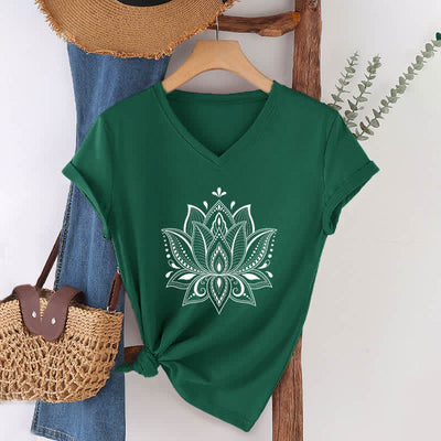 Olivenorma Mandala Lotus Flower V-Neck T-Shirt - Dark Green - 2XL - image 8