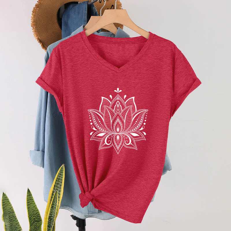 Olivenorma Mandala Lotus Flower V-Neck T-Shirt - Red - 2XL - image 16