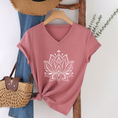 Olivenorma Mandala Lotus Flower V-Neck T-Shirt - Pink - 2XL - image 20