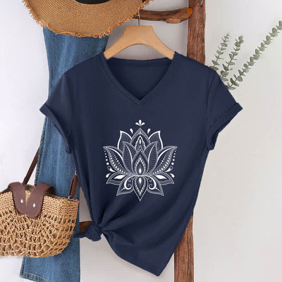 Olivenorma Mandala Lotus Flower V-Neck T-Shirt - Navy Blue - 2XL - image 6