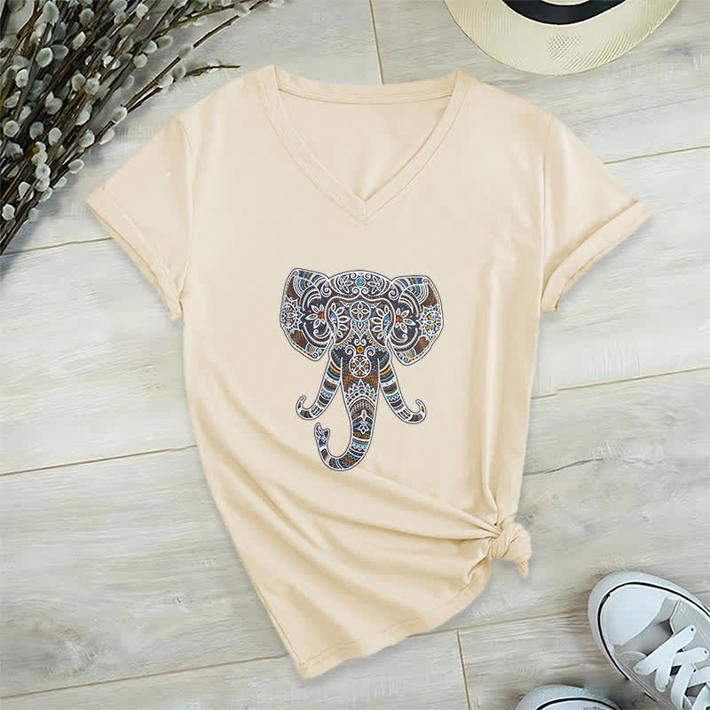 Olivenorma Women's Nature and Animal Elephant V-Neck T-Shirt - Khaki - 2XL - image 22