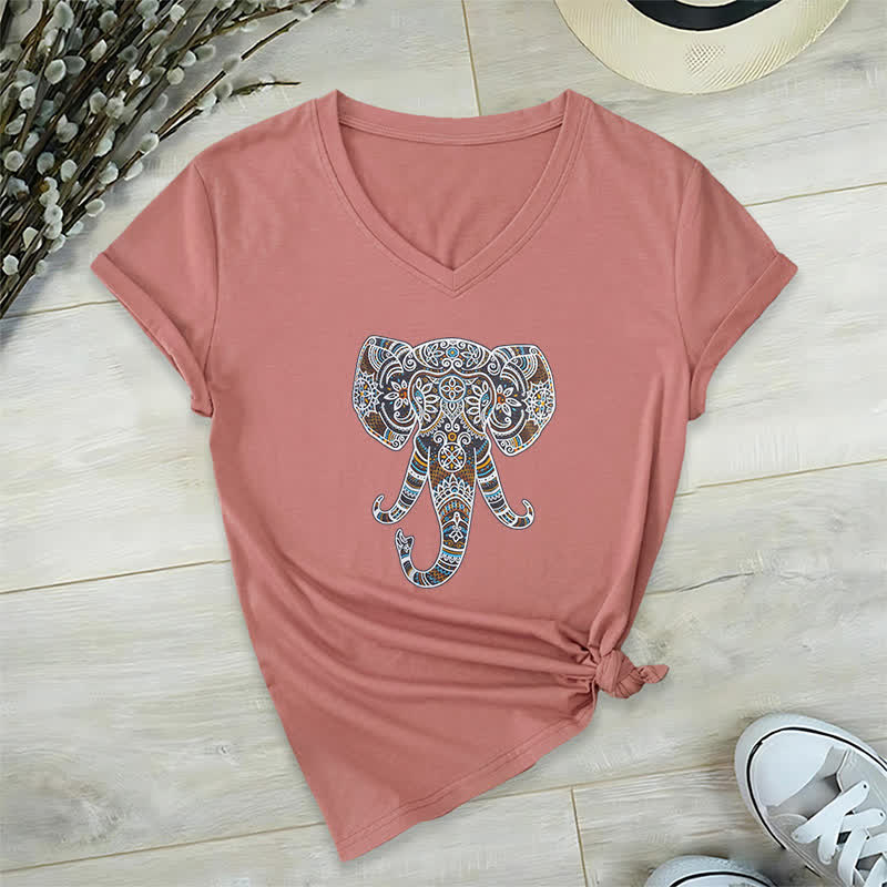 Olivenorma Women's Nature and Animal Elephant V-Neck T-Shirt - Pink - 2XL - image 18