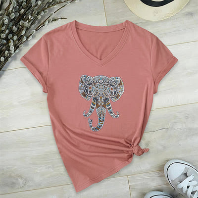 Olivenorma Women's Nature and Animal Elephant V-Neck T-Shirt - Pink - 2XL - image 18