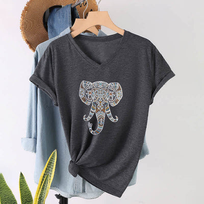 Olivenorma Women's Nature and Animal Elephant V-Neck T-Shirt - image 2
