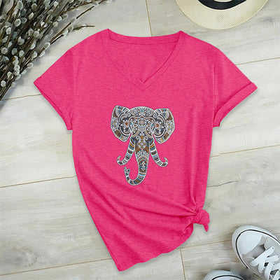 Olivenorma Women's Nature and Animal Elephant V-Neck T-Shirt - Rose Red - 2XL - image 20