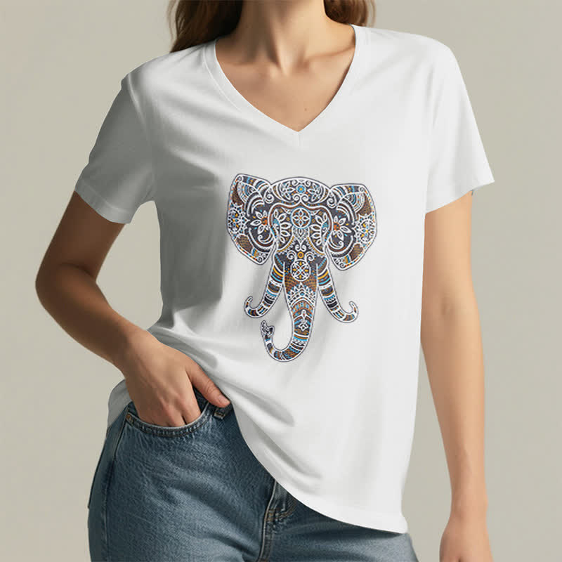 Olivenorma Women's Nature and Animal Elephant V-Neck T-Shirt - image 5