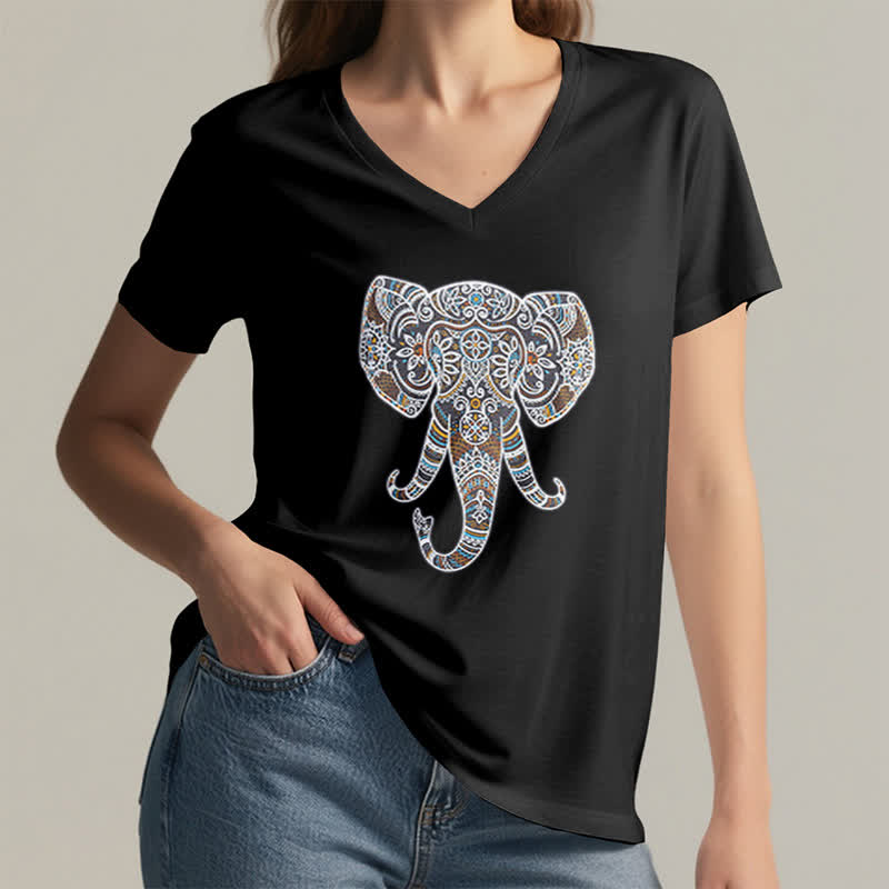 Olivenorma Women's Nature and Animal Elephant V-Neck T-Shirt - image 14