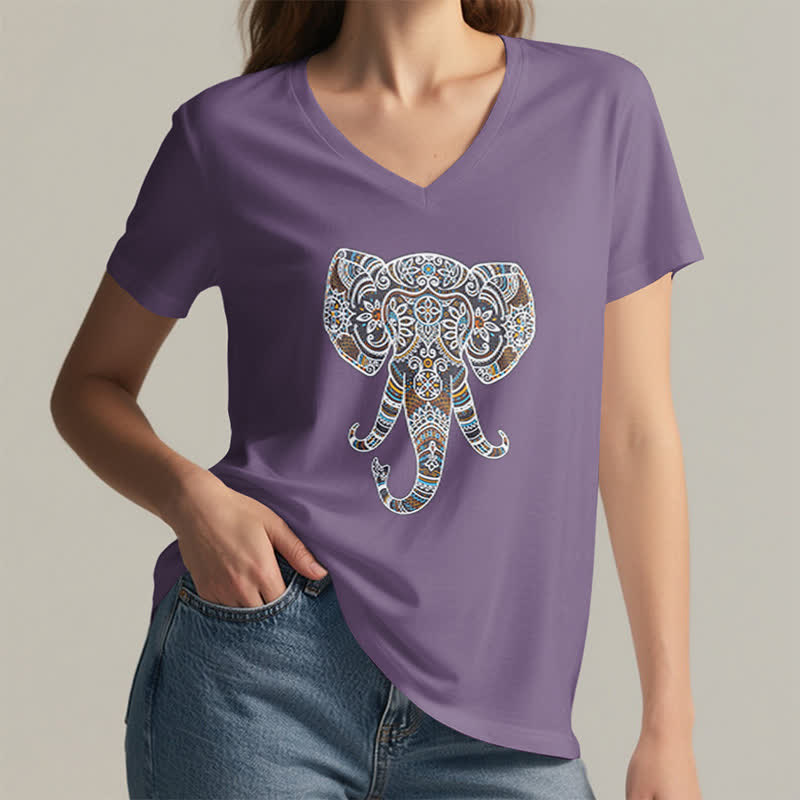 Olivenorma Women's Nature and Animal Elephant V-Neck T-Shirt - image 27