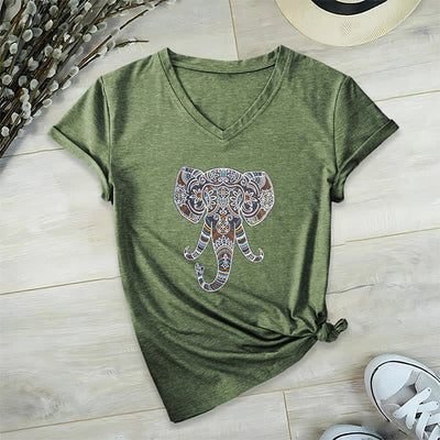 Olivenorma Women's Nature and Animal Elephant V-Neck T-Shirt - Olive Green - 2XL - image 11