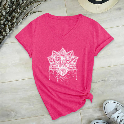 Olivenorma Lotus Printed V-Neck T-Shirt - Rose Red - 2XL - image 19