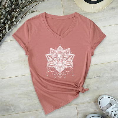 Olivenorma Lotus Printed V-Neck T-Shirt - Pink - 2XL - image 1