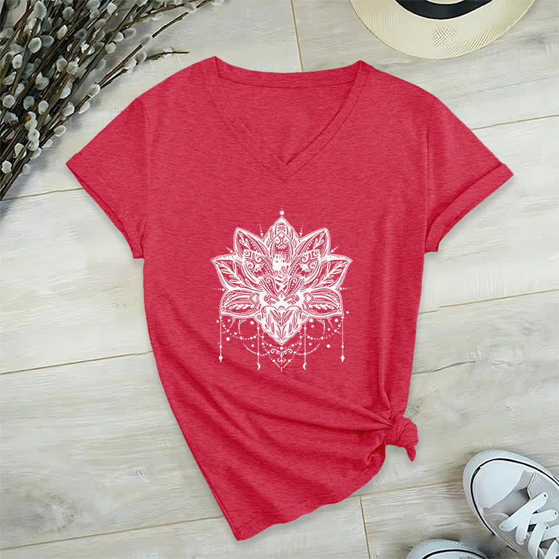 Olivenorma Lotus Printed V-Neck T-Shirt - Red - 2XL - image 15