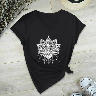 Olivenorma Lotus Printed V-Neck T-Shirt - Black - 2XL - image 13