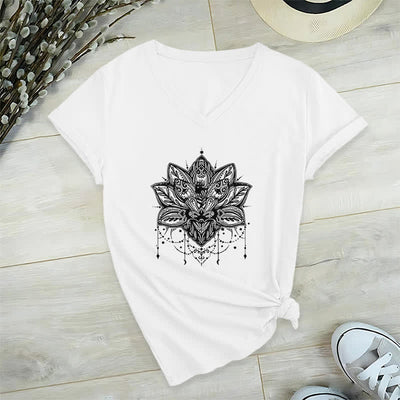 Olivenorma Lotus Printed V-Neck T-Shirt - White - 2XL - image 3