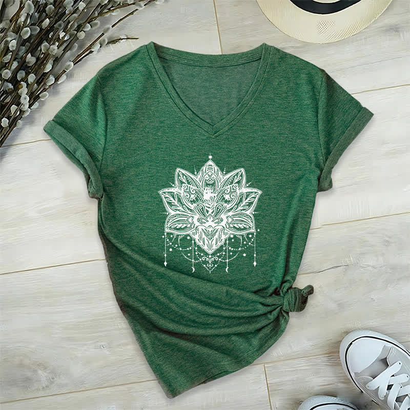 Olivenorma Lotus Printed V-Neck T-Shirt - Dark Green - 2XL - image 7