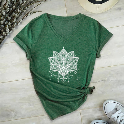 Olivenorma Lotus Printed V-Neck T-Shirt - Dark Green - 2XL - image 7