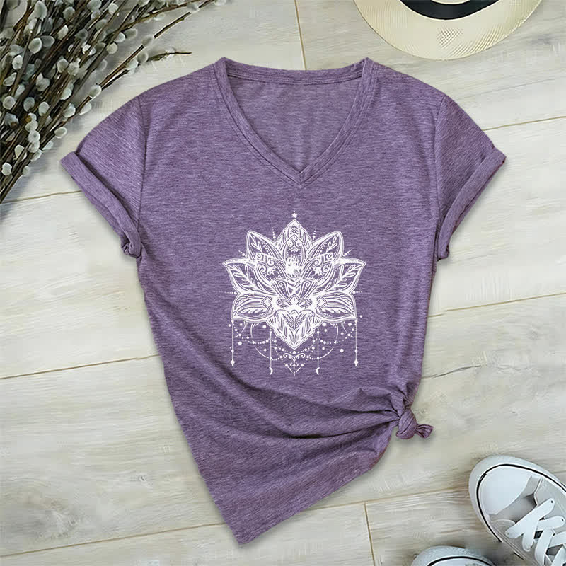 Olivenorma Lotus Printed V-Neck T-Shirt - Purple - 2XL - image 25